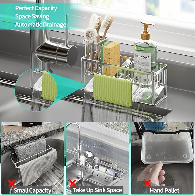HapiRm Sponge Holder for Kitchen Sink - Self-draining Rustproof Organizer | Sloping Self-draining, Detachable Brush Holder, Stores Sponges, Brushes & Dishcloth, For Countertop Storage, Silver - Image 7
