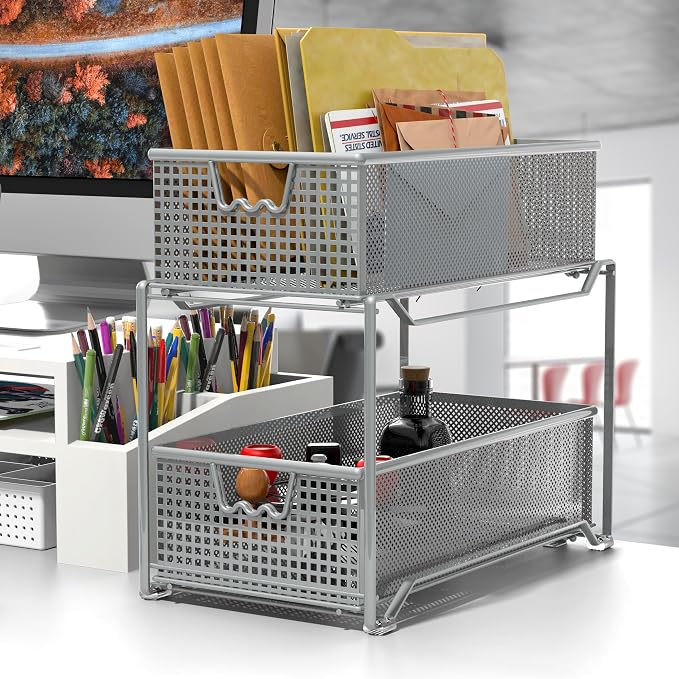 DecoBrothers 2 Tier Bathroom Storage Organizer with Pull-Out Drawer, Silver - Image 2