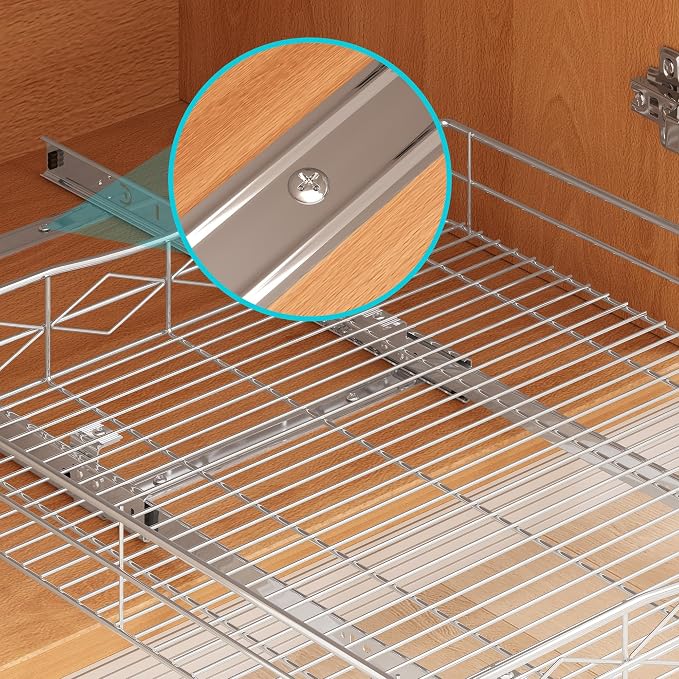 Pull Out Cabinet Organizer, 50LB Load Capacity Bottom-mount Sliding Drawer for Pots and Pans, 17" W x 21" D Under Sink Storage Shelf for Cabinet Opening 18" W x 22" D or Larger, Chrome Finish - Image 4