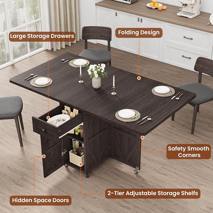 Jocoevol Folding Dining Table for Small Spaces, Space Saving Foldable Kitchen Table with Drawer & 2-Tier Storage Shelf, Rolling Expandable Dining Table with Wheels, Farmhouse, Dark Walnut - Image 7
