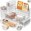 KEMETHY 25 PCS Plastic Drawer Organizers Set, 4 Sizes Vanity Organizer | Makeup and Desk Drawer Organizer Trays, Organization and Storage for Makeup, Bathroom, Kitchen Utensils and Office (Clear) by KEMETHYFocusesonCreatingEfficientStorageProductswithQualityMaterials