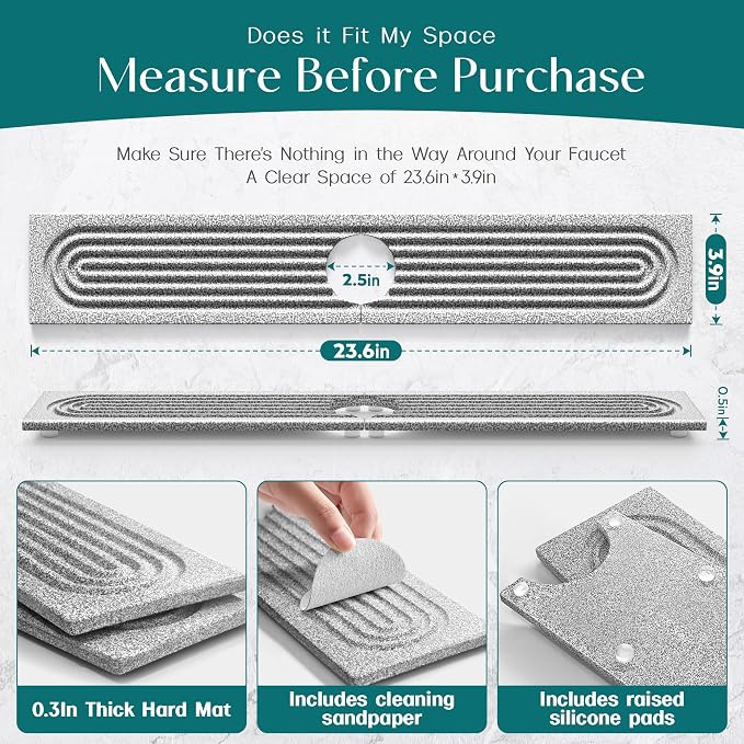 Stone Kitchen Sink Faucet Mat, Premium Upgraded Food Grade Diatomite Drying Stone Tray & Splash Guard, Fast Drying Sink Protector for Kitchen Counter, Dishwasher Safe (23.6" x 3.9") - Image 6
