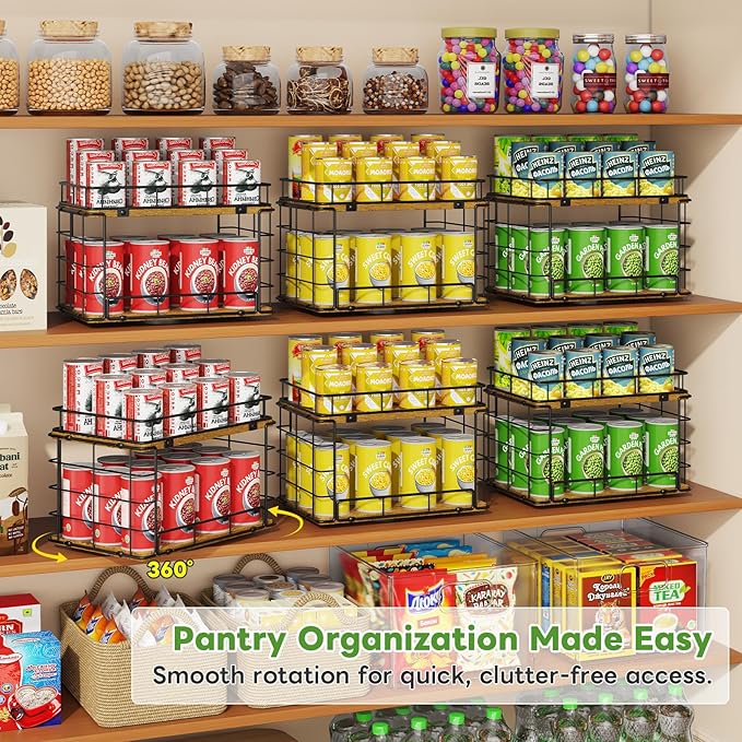 360° Rotating Lazy Susan Can Organizer for Pantry, Holds 26 Cans, Black | 2-Tier Soda Can Organizer, Metal Wire & Wood Shelf with Turntable Storage for Kitchen Cabinet, Pantry & Countertop - Image 3