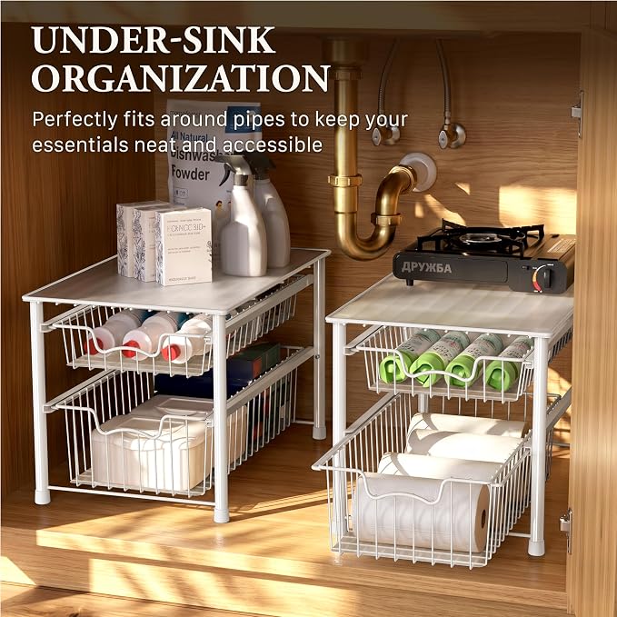 Simple Houseware Stackable Sliding Basket Organizer Drawer, White, 2-Tier (Pack of 2) - Image 6