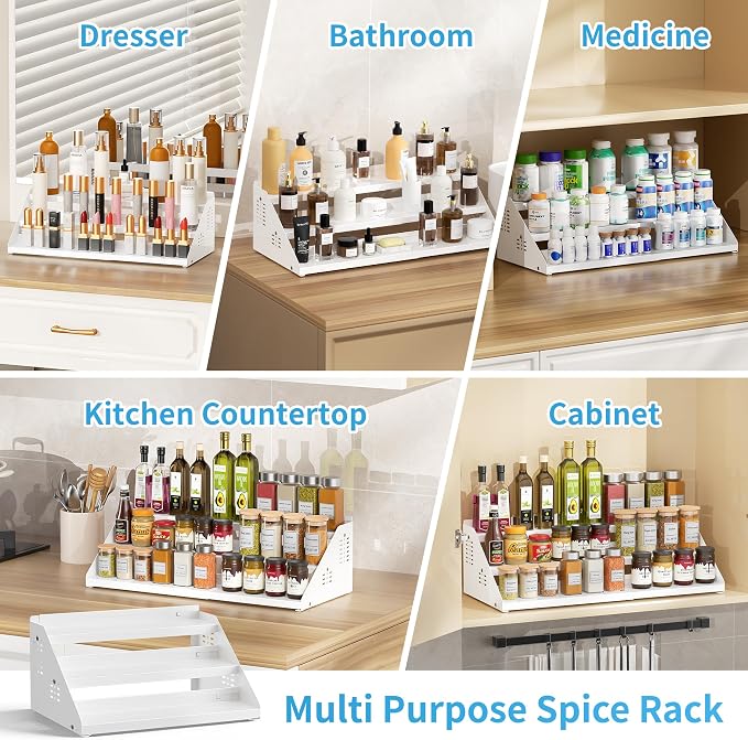 BOIVSHI 3 Tier Expandable Spice Organizer for Cabinet, White | Metal Shelves with Adjustable Height Spice Storage for Kitchen Countertop, Olive Oil and Soy Sauce for Pantry Organization - Image 9
