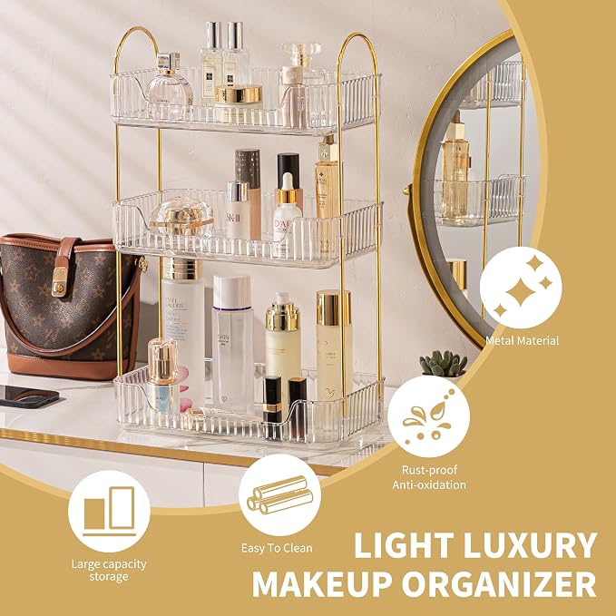 Akinbas 3 Tier Bathroom Organizer Countertop Makeup Perfume Tray Skincare Organizer for Bathroom Dresser Vanity (White) - Image 3
