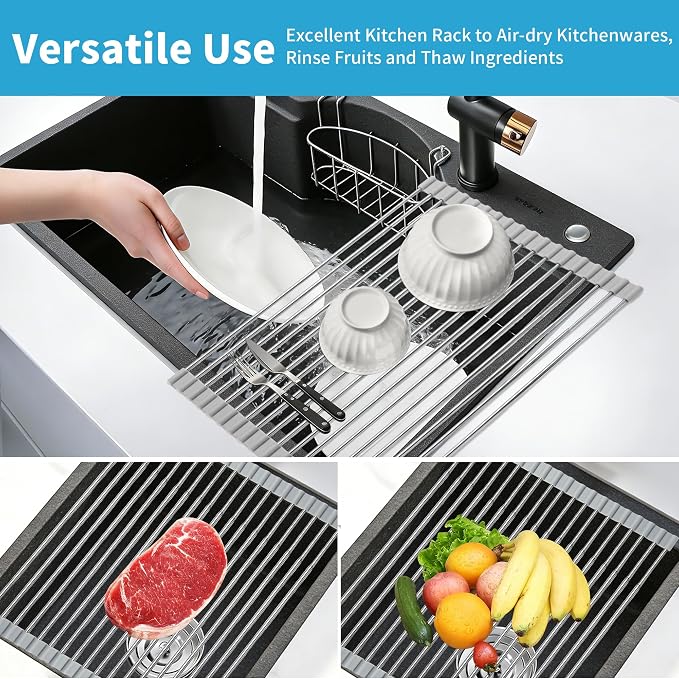 Expandable Roll-UP Dish Drying Rack-Large 304 Stainless Steel Dish Drainer Over The Sink for Kitchen Countertop,Extendable & Rollable & Food Grade (Silver,22.08'x 13.2') - Image 4