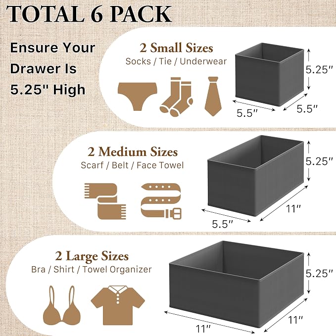Simple Houseware Underwear Drawer Organizer, Set of 6, Dark Gray | for Lingerie/Undergarment/Bra/Panty/Sock/Onesie - Image 2