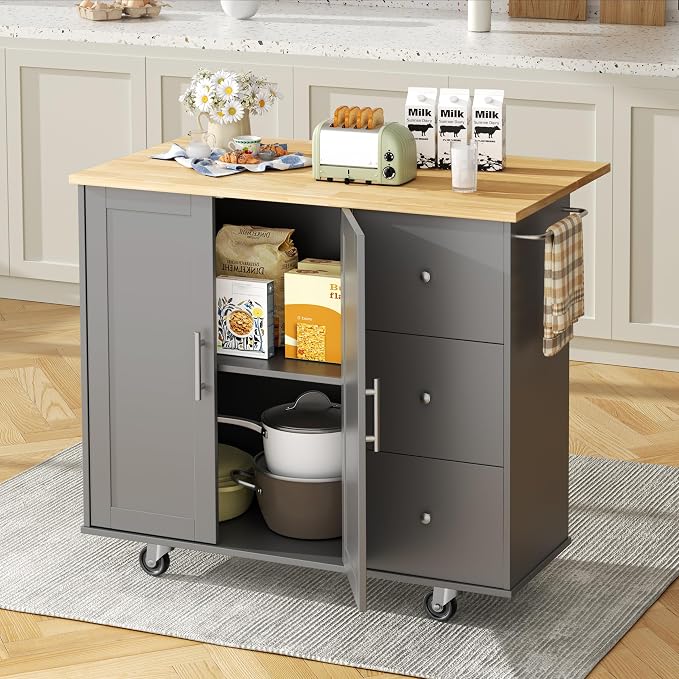 Shintenchi Kitchen Island with Folding Drop Leaf, Rolling Island Table with Storage, Kitchen Cabinet on Wheels with Seating Area for Kitchen, Bar Cart with Cabinet, Gray - Image 2