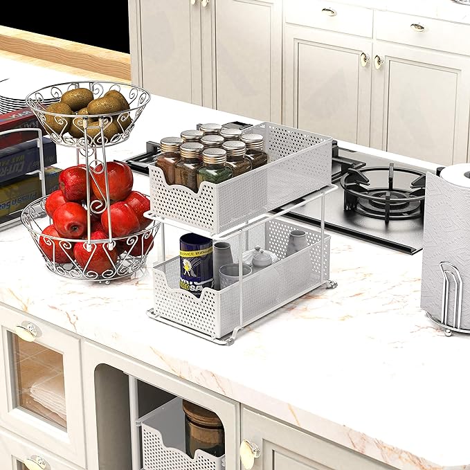 Simple Houseware 2 Tier Sliding Cabinet Basket Organizer Drawer, White - Image 5