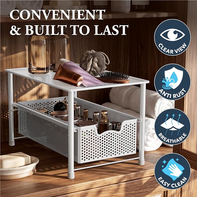 Simple Houseware Stackable Under Sink Sliding Basket Drawer, White | Perforated Free Standing Organizer, Kitchen/Pantry/Cabinet/Counter - Image 5