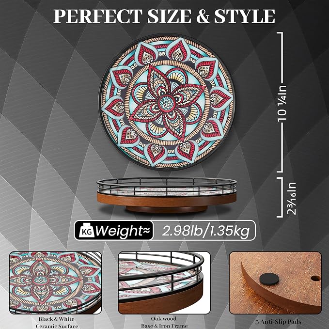 10.2-Inch Boho Lazy Susan with Oak Base and 3D Textured Ceramic Tile | Rotating tray with raised boho ceramic texture, oak base and walnut finish for dining tables, counters and coffee bars. - Image 7