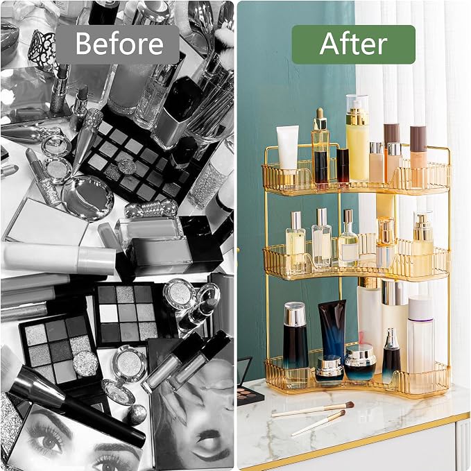 Corner Bathroom Counter Organizer Bathroom Countertop Shelf Makeup Organizer for Vanity Perfume Tray for Corner Storage (3 Tiers, Gold) - Image 4