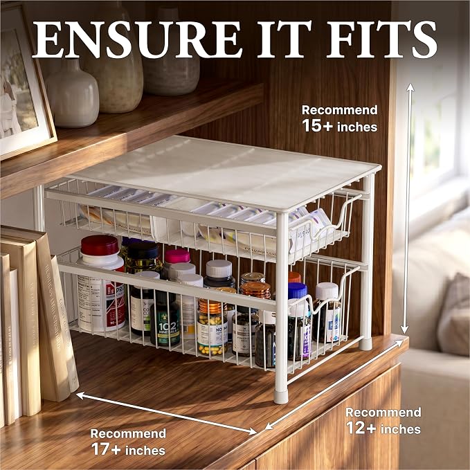 Simple Houseware Stackable Sliding Basket Organizer Drawer, White, 2-Tier (Pack of 2) - Image 3