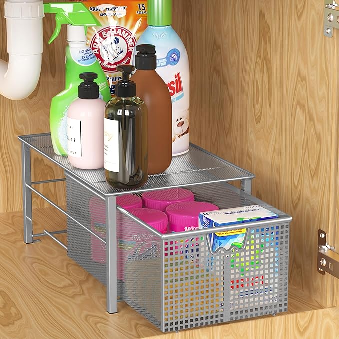 Deco Brothers Stackable Pull Out Cabinet Sliding Basket with Divider, Large | Under Sink Organizer, Silver - Image 2