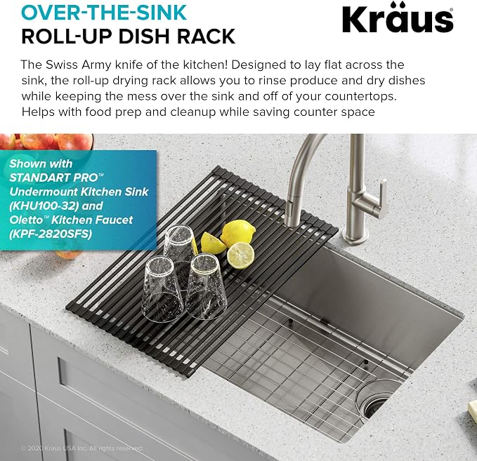 Kraus Multipurpose Over-Sink Roll-Up Dish Drying Rack, Colander and Trivet in Light Grey, KRM-10GREY - Image 3