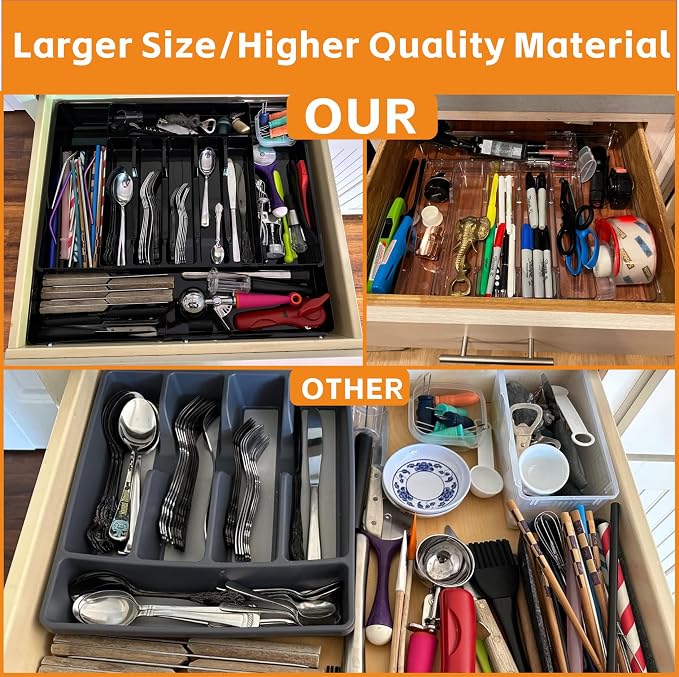 Clear Expandable Silverware Drawer Organizer - Adjust From 11'' to 22'' - Knife,Cutlery,Spoons and Forks Organizer,Large 8 Grid Flatware,Silverware Tray,Utensil Organizer for Kitchen Drawers - Image 3