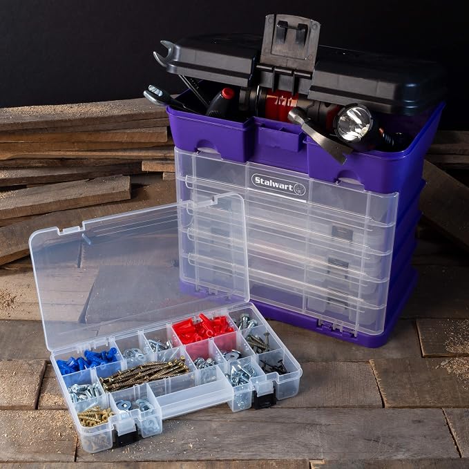 Storage and Tool Box-Durable Organizer Utility Box-4 Drawers with 19 Compartments Each for Hardware, Fish Tackle, Beads, and More by Stalwart (Purple) | With Drawers and Customizable Compartments for Hardware, Fishing Tackle Box, Beads, or Craft Supplies - Image 4