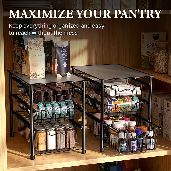 Simple Houseware Stackable 3 Tier Sliding Basket Organizer Drawer, Black (Pack of 2) - Image 7