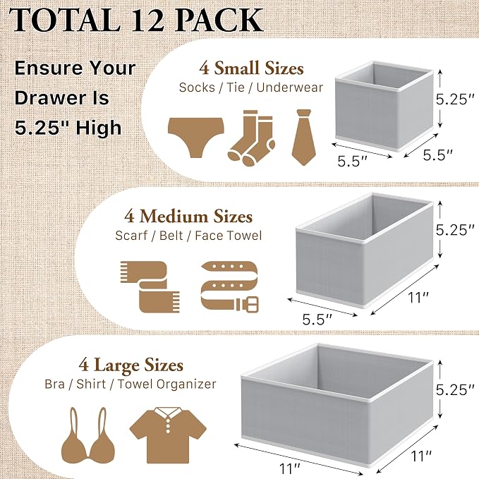 Simple Houseware Foldable Drawer Organizer Stocking Bin, Set of 12, Gray | Fabric Storage Bins for Clothes, Underwear, Bra, Panty, Socks, Onesies – Closet & Dresser Dividers for Home - Image 2