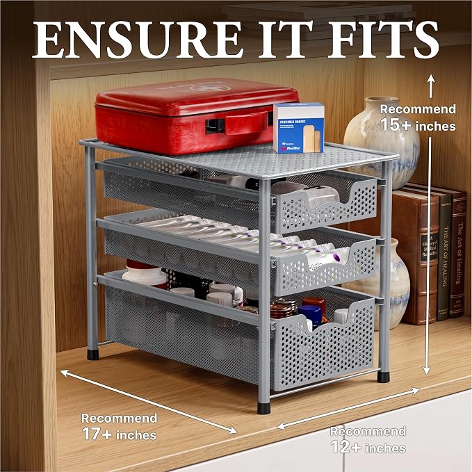 Simple Houseware Stackable 3 Tier Sliding Basket Organizer Drawer, Silver (Pack of 2) - Image 3