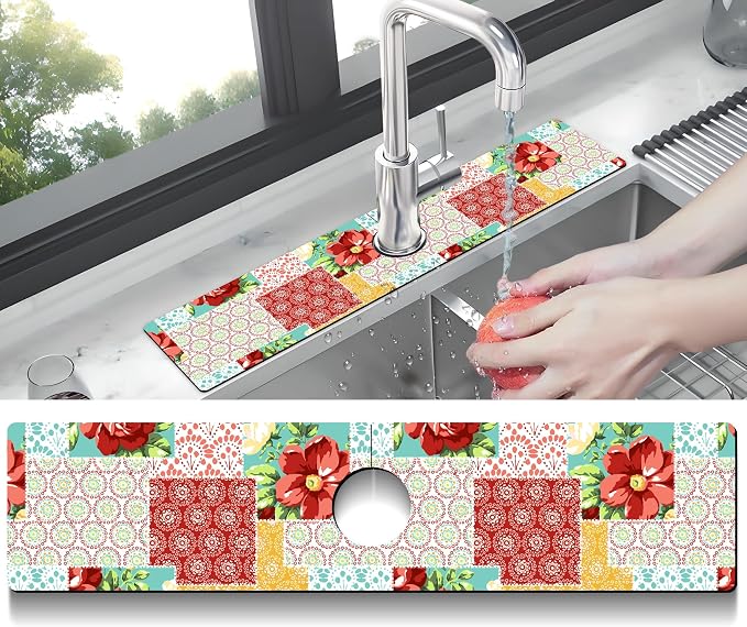 Kitchen Sink Splash Guard Faucet Mat Super Absorbent Fast Drying Mat Sink Gadgets Splash Guard Behind Faucet Drip Catcher for Kitchen (Boho Trellis, 23.5x5.5in) - Image 2