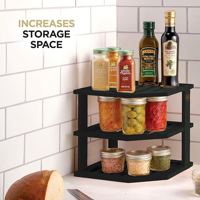 Black Plate Organizer for Cabinet - 3 Tier Bamboo Corner Cabinet Organizer Shelf for Plates Bowls Mugs Cups, Kitchen Cabinet Organizer, Cabinet Shelf Organizer, Countertop Rack, 10 x 10 x 9.5 Inch - Image 5