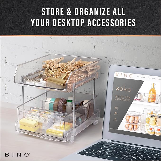 BINO 2 Tier Clear Storage Organizer with Dividers | Bottom Slide Out Drawer for Under Sink, Medicine Cabinet | Bathroom Closet, Vanity, Pantry Organizer | Under Cabinet Storage for Bathroom & Kitchen - Image 8
