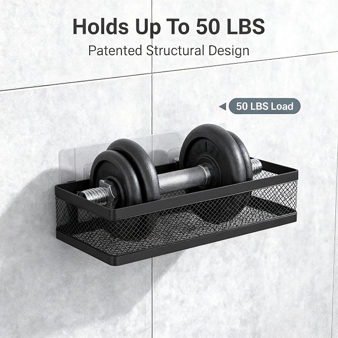 PUSDON Mesh Shower Caddy Wall Mount, Heavy Duty Adhesive Bathroom Shelf Organizer, Rustproof Floating Spice Rack for Kitchen Pantry, Holds 50 LBS, Multi-Purpose Storage Black-2 Packs (Netting) - Image 6