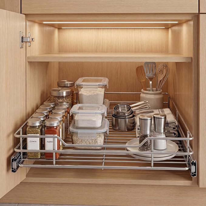 Garvee Pull Out Cabinet Organizer, 15" W X 21" D, Heavy Duty Slide Out Kitchen Organizers and Storage, Full-Extension Roll out Shelf and Drawer for Pots, Pans & Under Sink Storage, Chrome Finish - Image 3