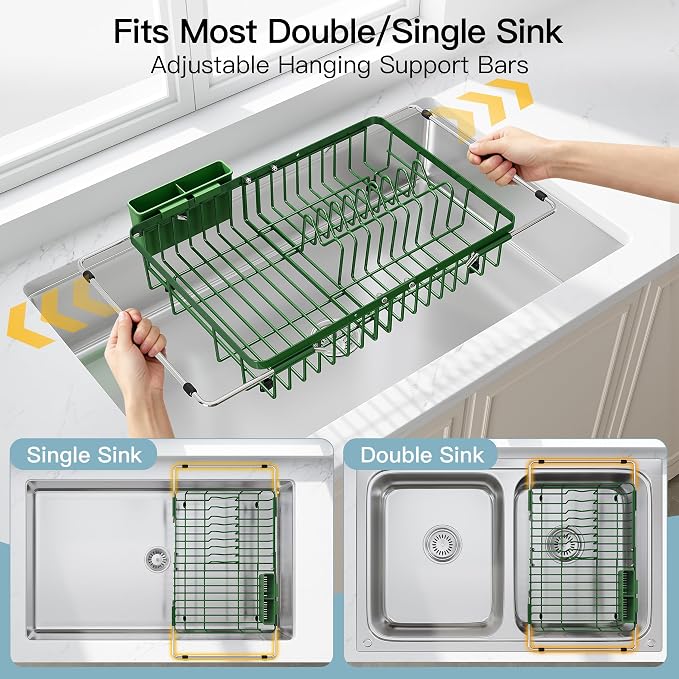 JASIWAY Green Dish Drying Rack Over the Sink with Utensil Holder | Expandable Stainless Steel Dish Driainers for Small Kitchen, Apartment, Counter Space Saving, Fast Drain, Rust Resistant - Image 3