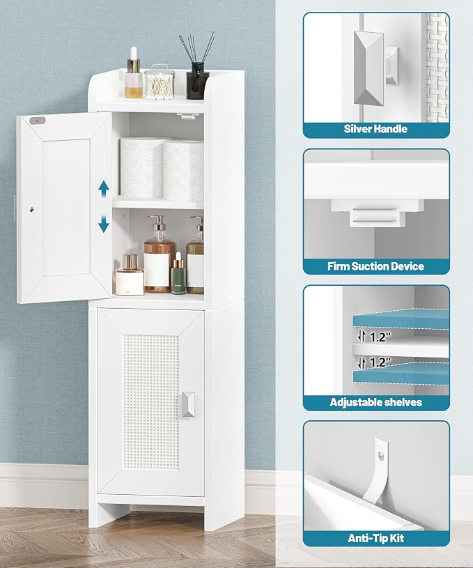 Akxomel Rattan Small Bathroom Cabinet Narrow Toilet Paper Organizer White | 7.9''D x 7.9''W Bathroom Organizer and Storage Cabinet for Small Space, Slim Corner Unit with Adjustable Shelf - Image 5