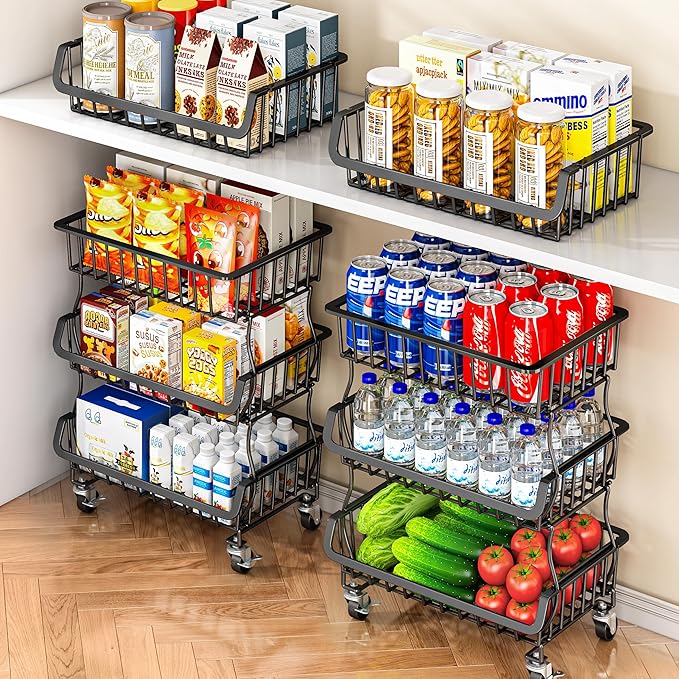 Gsiekare 3-Tier Rolling Pantry Organizer and Storage Cart with Wheels | Stackable wire pantry baskets for pantry shelves, fruit basket stand, easy to move, storage rack for food snack onion potato by Gsiekare