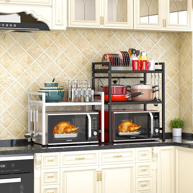 PUSDON Expandable Microwave Oven Rack, 2-Tier Countertop Baker's Rack Style Shelf, Heavy Duty Carbon Steel Stand with 3 Hooks, 160lbs Capacity Modern Kitchen Organizer, White - Image 4