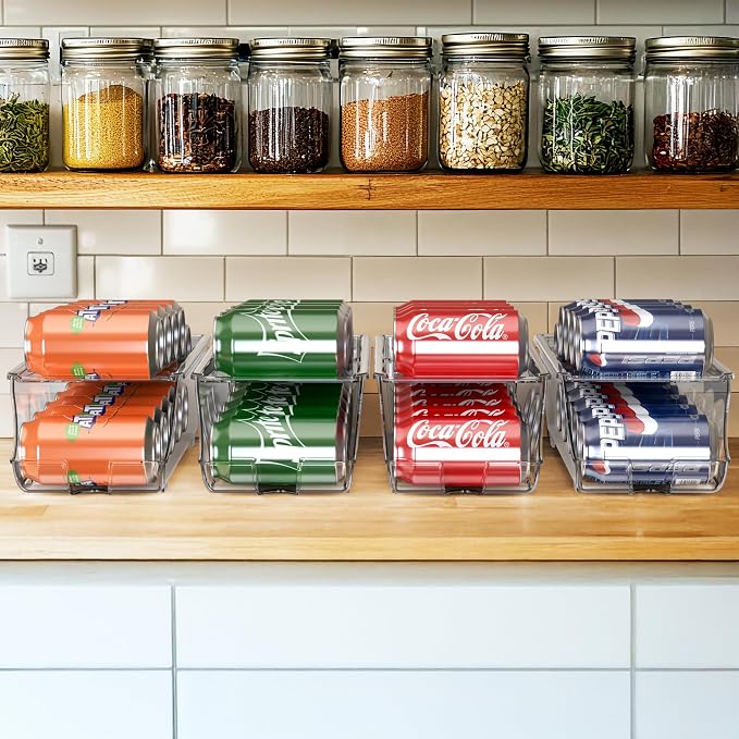 Simple Houseware 4-Pack Auto-Rolling Beverage Can Organizer for Fridge | Clear, Set of 4, Front-Loading Soda Dispenser with Smooth Glide Design, Space-Saving Refrigerator Storage Bins - Image 4