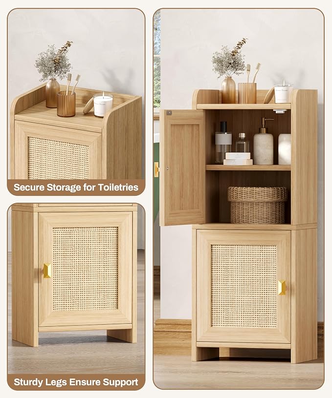 Akxomel Rattan Small Bathroom Cabinet Narrow Toilet Paper Organizer Oak | 7.9''D x 11.8''W Bathroom Organizer and Storage Cabinet for Small Space, Slim Corner Unit with Adjustable Shelf - Image 7