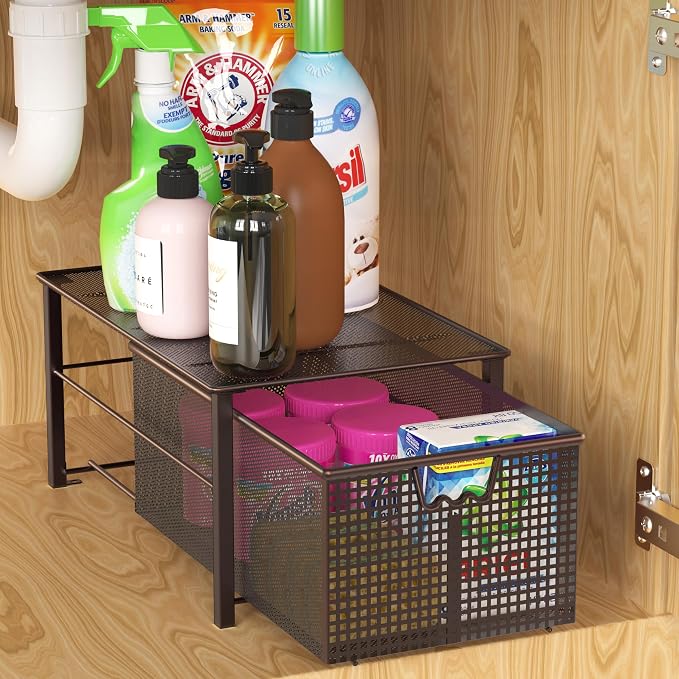 Deco Brothers Stackable Pull Out Cabinet Sliding Basket with Divider, Large | Under Sink Organizer, Bronze - Image 2
