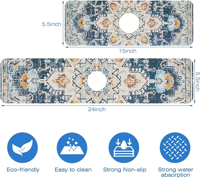 Oriental Blue Turkish Carpet Pattern Sink Faucet Absorbing Mat Sink Splash Guard Faucet Mat Draining Mat Fast Drying Sink Protectors for Kitchen and Bathroom 5.5"×15" - Image 3