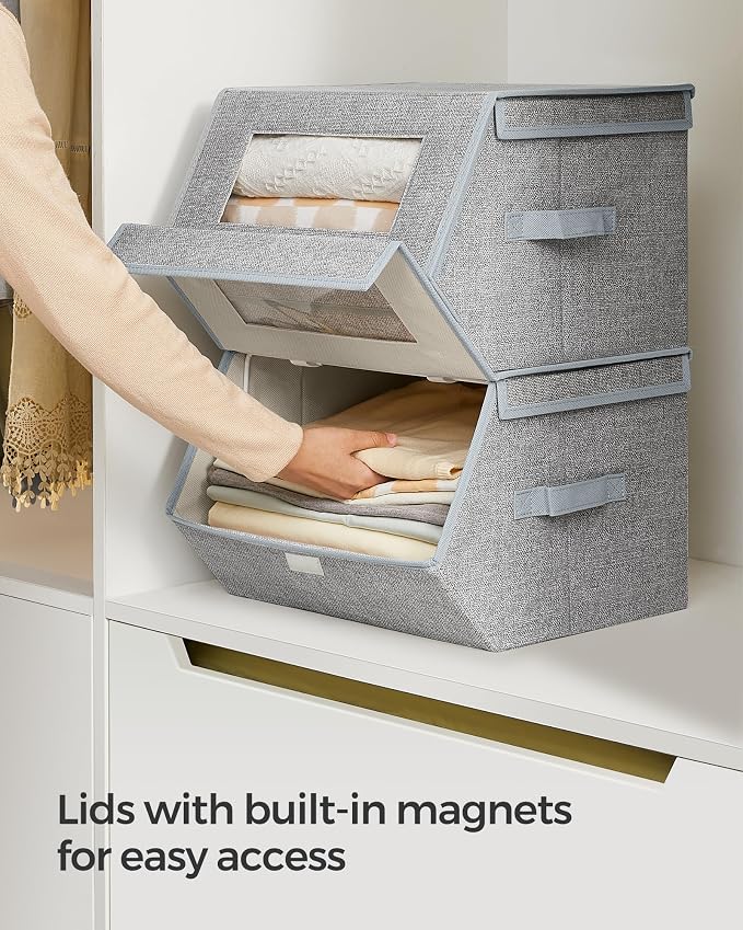 SONGMICS Stackable Storage Bins, Set of 2, with Lids and Front Windows | Closet Organizers, Linen-Look Non-Woven Fabric, Magnetic Closures, Side Handles, Gray, TINA Collection URLB002W01 - Image 4