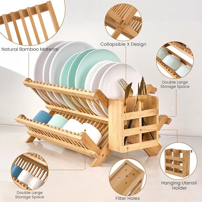 NOVAYEAH Bamboo Wooden Dish Rack, Wooden Dish Drying Drainer Rack | 3-Tier Collapsible Large Dish Drying Rack Holder for Kitchen Counter, Plate Holder Organization with Utensils Flatware Holder - Image 4
