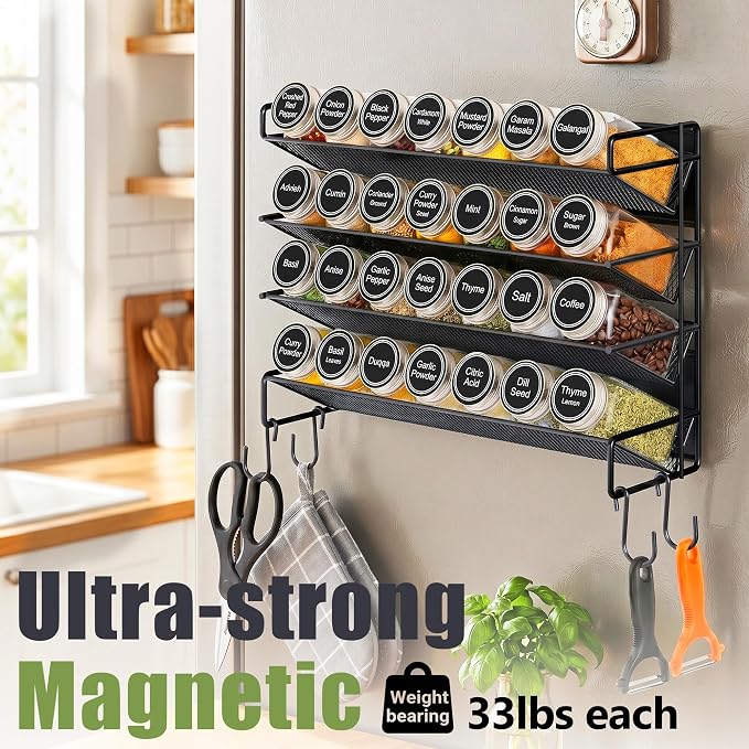 Spice Rack Organizer for Cabinet with 28 Spice Jars, 386 Spice Labels, Magnetic Spice Rack for Refrigerator, Seasoning Organizer for Countertop, Kitchen, Pantry, 13.2" W x 9.8" H, Black - Image 6