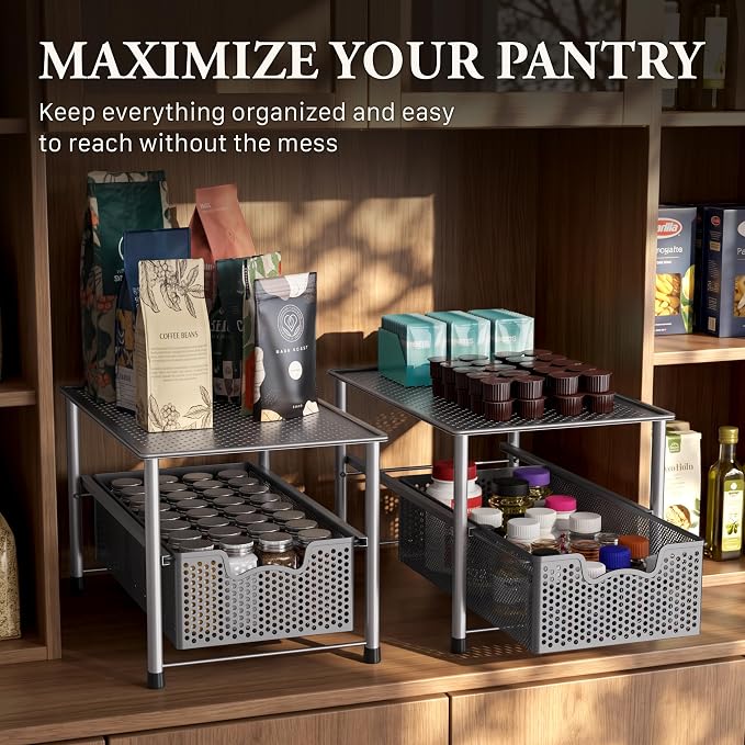 Simple Houseware Stackable Under Sink Sliding Basket Drawer, Silver | Perforated Free Standing Organizer, Kitchen/Pantry/Cabinet/Counter - Image 7
