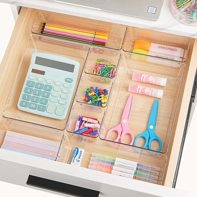 Vtopmart 25 PCS Clear Plastic Drawer Organizers Set, 4-Size Versatile Bathroom and Vanity Drawer Organizer Trays, Storage Bins for Makeup, Bedroom, Kitchen Gadgets Utensils and Office | 4-Size Versatile Makeup Organizer, Storage Containers Small Bins f... - Image 6