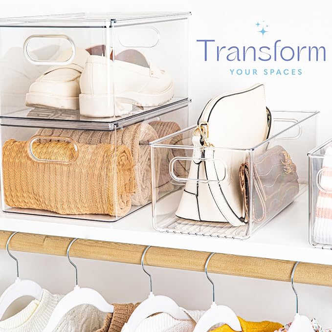 Plastic Food Storage 6 Pack Clear Container Bin with Handles for Organizing Kitchen, Pantry, Fridge, Freezer, Pantry, Bathroom. 14"x6"5" - Image 2