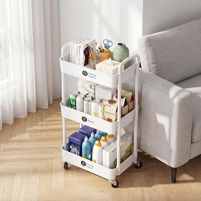 Laiensia 3-Tier Rolling Cart with Wheels,Multifunction Utility Storage Carts, Kitchen Storage Organizer,Mobile Shelving Unit for Bathroom,Laundry,with Classified Stickers,White (Pack of 2) - Image 8