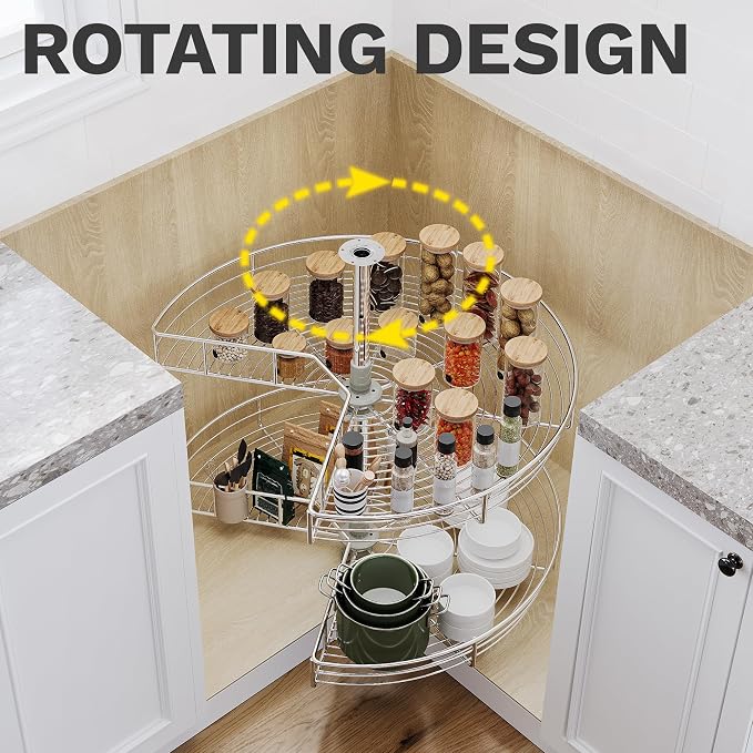 DWVO 31″ Kidney 2-Tier Lazy Susan – Telescoping Mount Corner Cabinet Organizer with Pie-Shelf Design, for Bathroom,Kitchen Cabinet Blind Corners (Chrome, 270° Adjustable) - Image 5