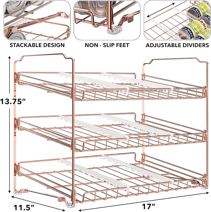 Simple Houseware 3-Tier Stackable Can Organizer Rack 36 Cans, Rose Gold | Can Food Storage Dispenser for Pantry/Cabinet, Adjustable Dividers – 11.5" D x 17" W x 13.75" H - Image 3