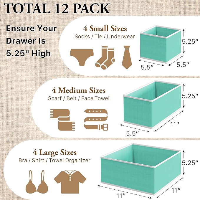 Simple Houseware Foldable Drawer Organizer Bin, Set of 12, Turquoise | Fabric Storage Bins for Clothes, Underwear, Bra, Panty, Socks, Onesies – Closet & Dresser Dividers for Home - Image 2