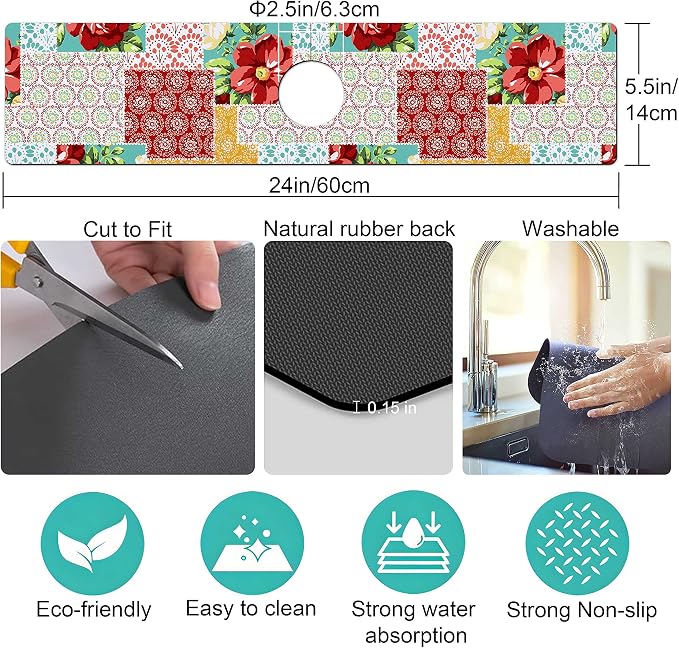 Kitchen Sink Splash Guard Faucet Mat Super Absorbent Fast Drying Mat Sink Gadgets Splash Guard Behind Faucet Drip Catcher for Kitchen (Boho Trellis, 23.5x5.5in) - Image 5