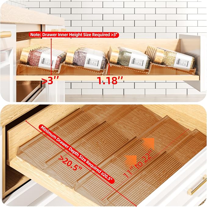 Spice Drawer Organizer, 4 Tier- 4 Pack Amber Acrylic Drawer Seasoning Organizer, Expandable From 11'' to 22'' Kitchen Spice Rack Organizers and Storage for Drawer (Jars not included) - Image 4